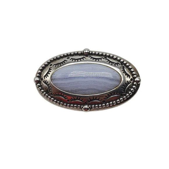 Vintage CAROLYN POLLACK RELIOS Sterling Silver Blue Lace Agate Brooch Pin - Picture 1 of 6